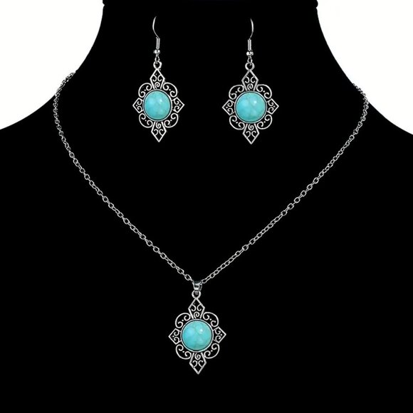BJ Glamorous Vintage Style Floral Turquoise Gems Retro Necklace/Earring Set - Picture 2 of 7